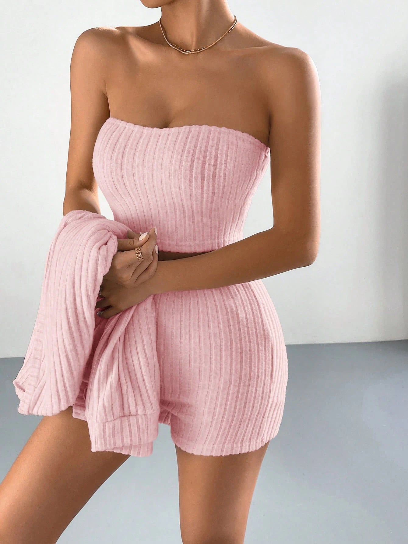 Ensemble 3 Pièces Côtelé – Cardigan, Bandeau & Short Décontractés