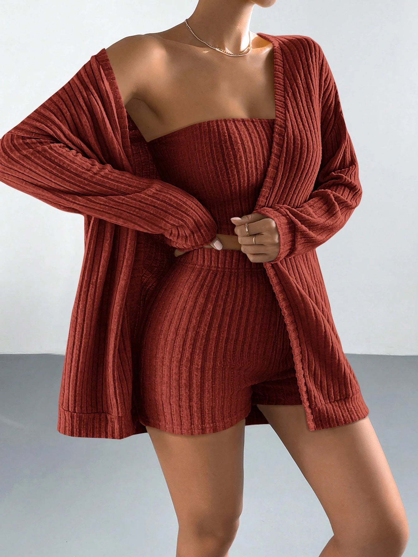 Ensemble 3 Pièces Côtelé – Cardigan, Bandeau & Short Décontractés