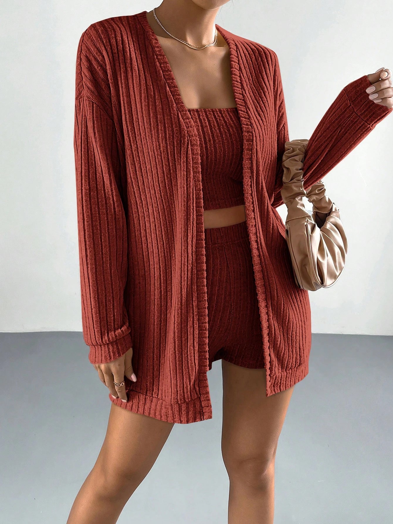 Ensemble 3 Pièces Côtelé – Cardigan, Bandeau & Short Décontractés