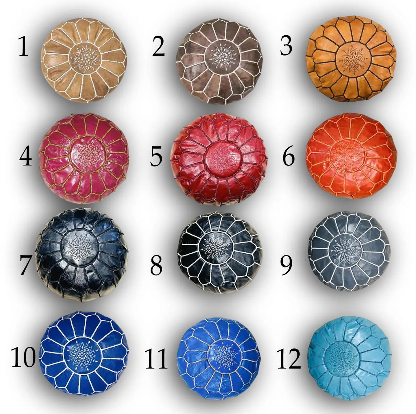 Pouf Marocain en Cuir Authentique – Fait Main avec Couture Blanche | Housse Non Remplie