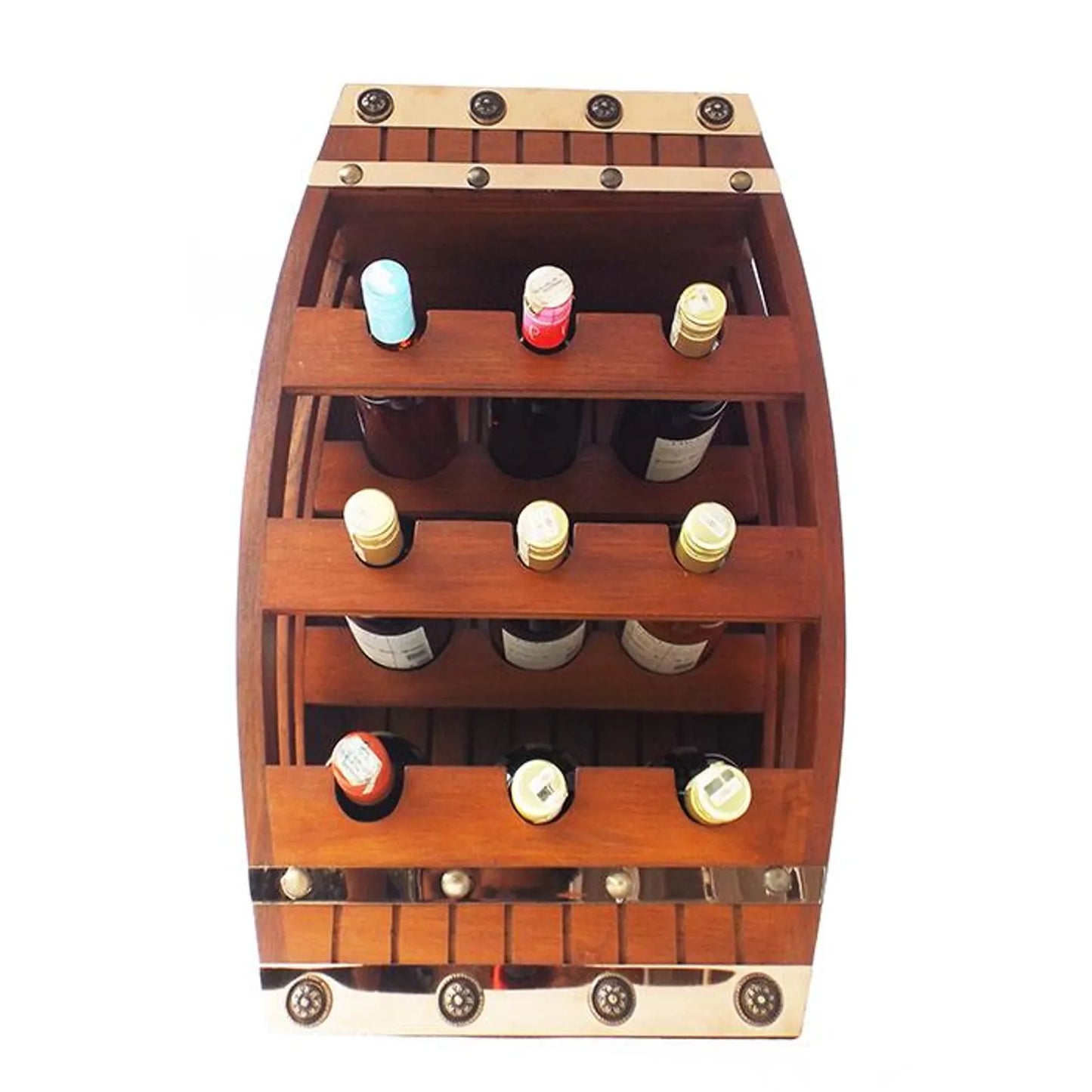 Porte-bouteilles mini tonneau en teck 62 cm (9 bouteilles) avec ornements en laiton