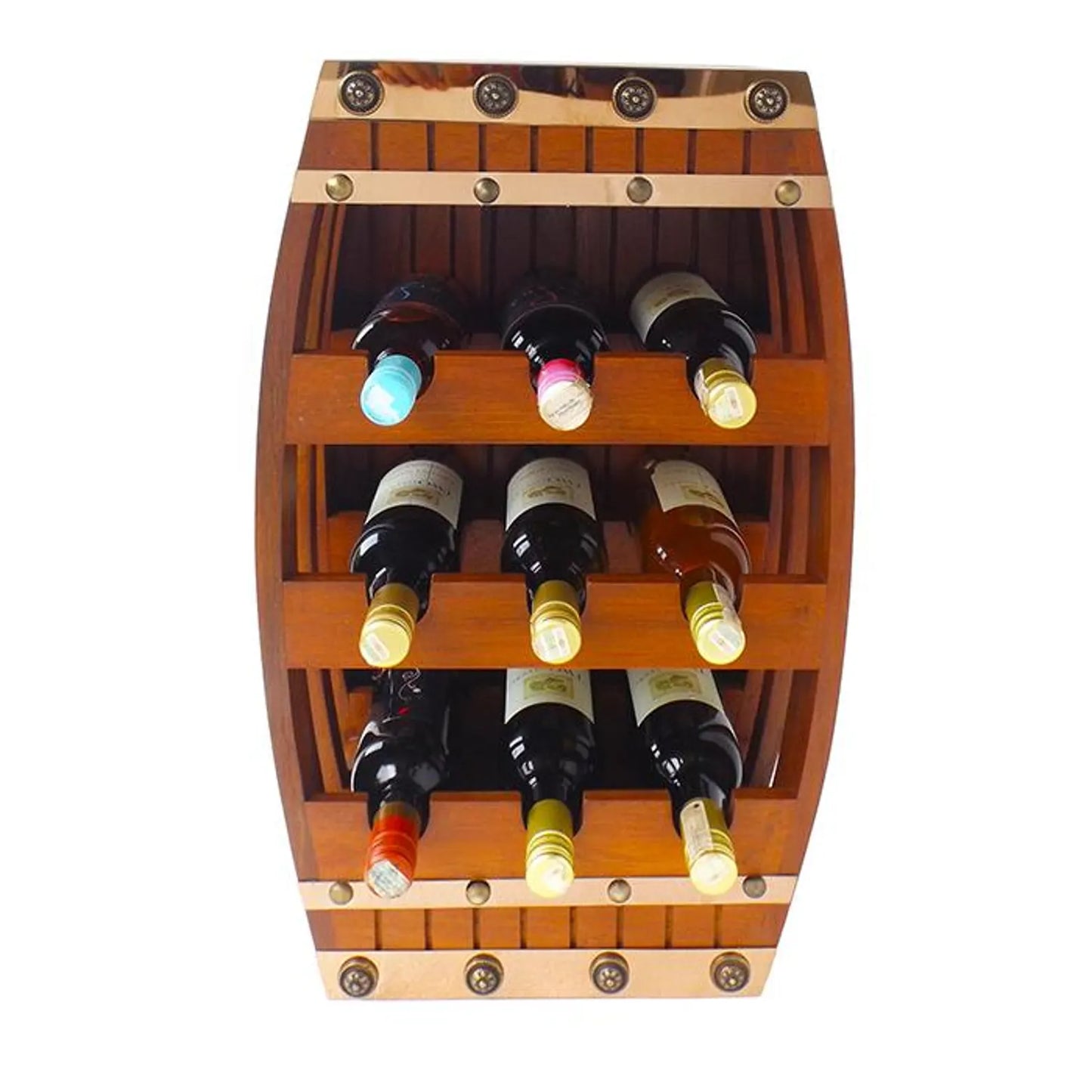 Porte-bouteilles mini tonneau en teck 62 cm (9 bouteilles) avec ornements en laiton