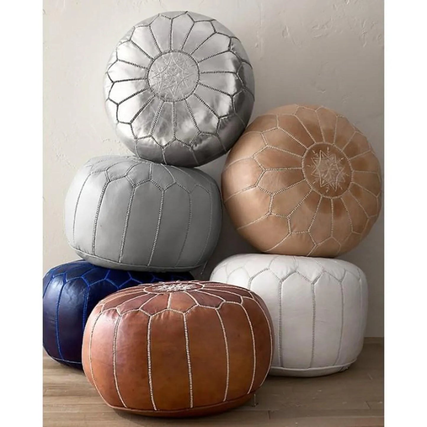 Pouf Marocain en Cuir Authentique – Fait Main avec Couture Blanche | Housse Non Remplie