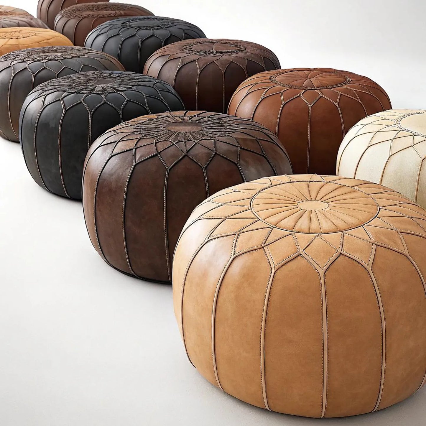 Pouf Marocain en Cuir Authentique – Fait Main avec Couture Blanche | Housse Non Remplie