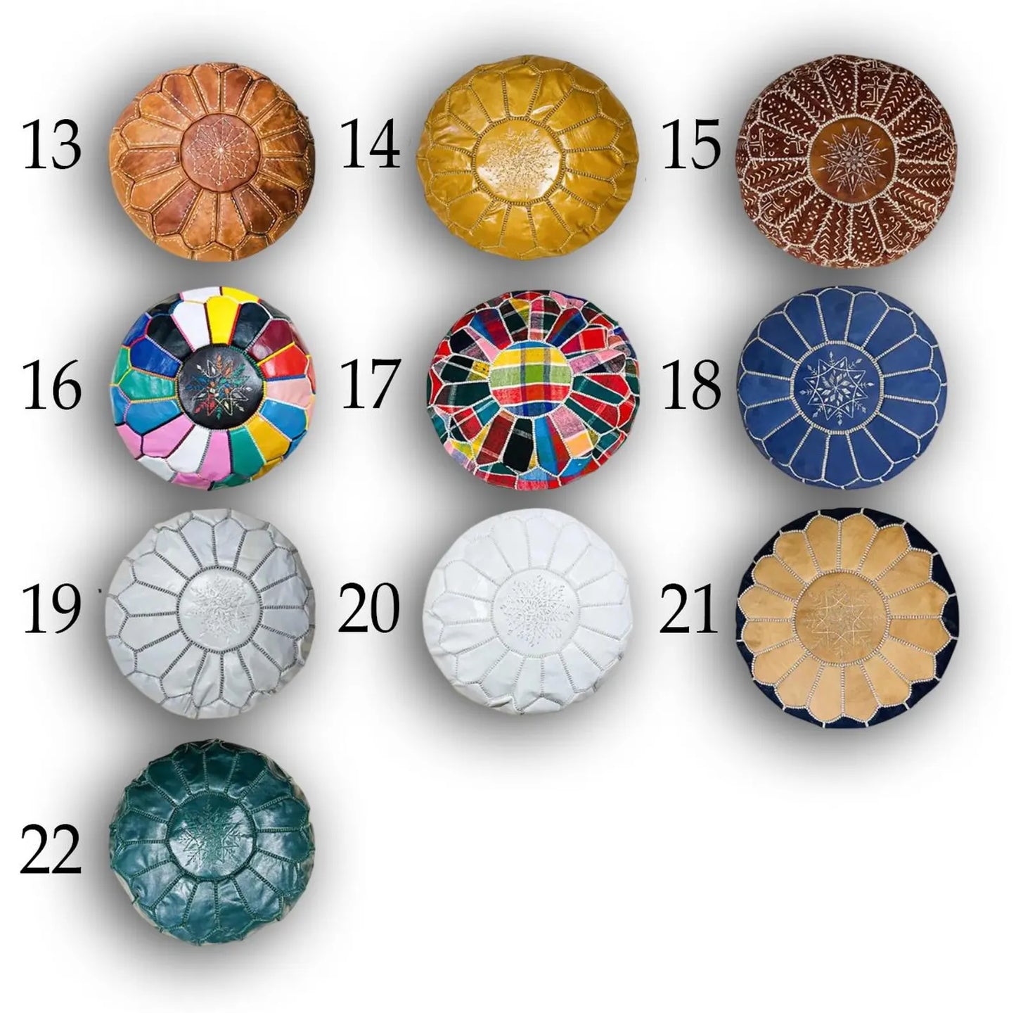 Pouf Marocain en Cuir Authentique – Fait Main avec Couture Blanche | Housse Non Remplie