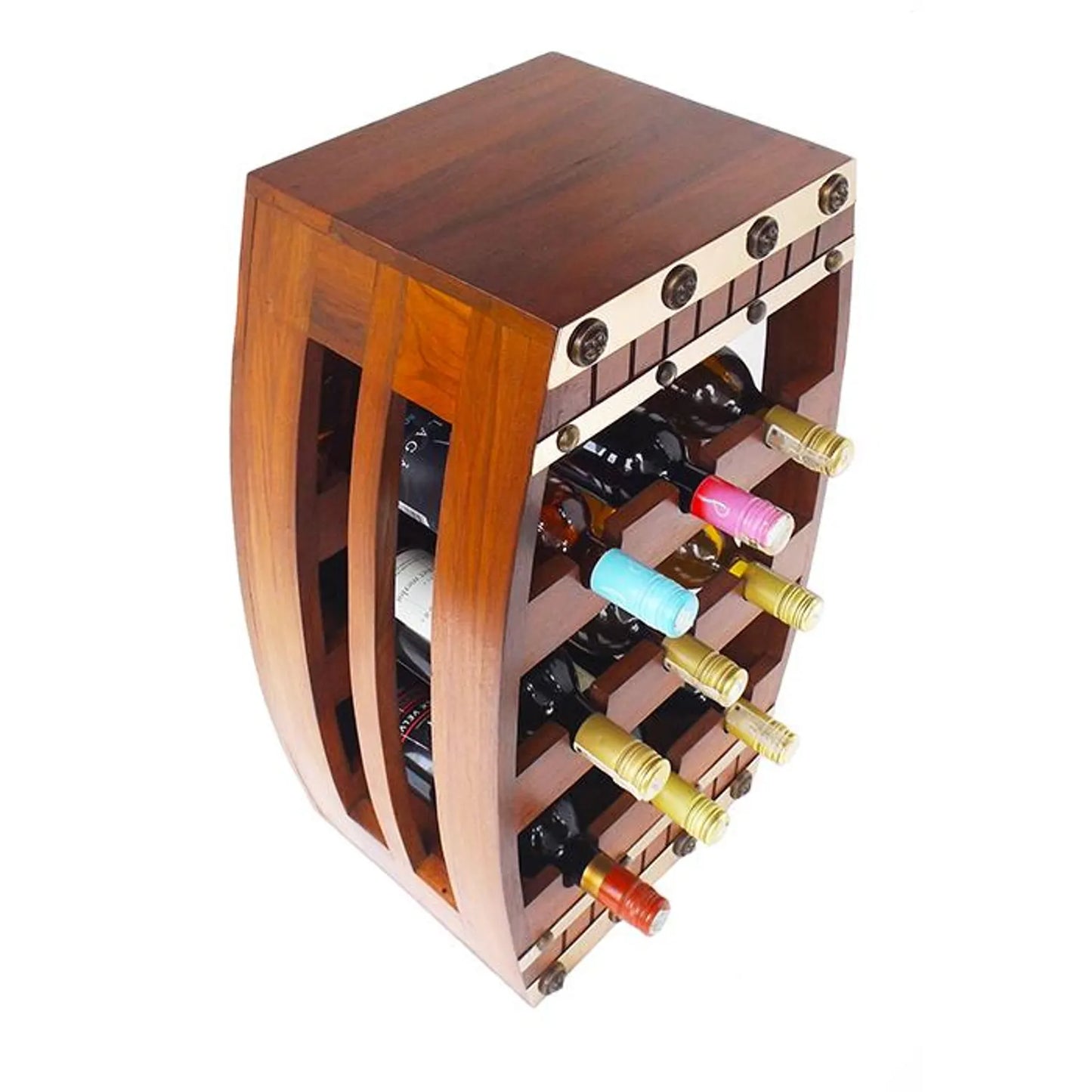 Porte-bouteilles mini tonneau en teck 62 cm (9 bouteilles) avec ornements en laiton