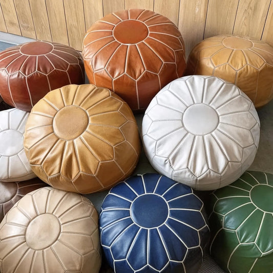 Pouf Marocain en Cuir Authentique – Fait Main avec Couture Blanche | Housse Non Remplie